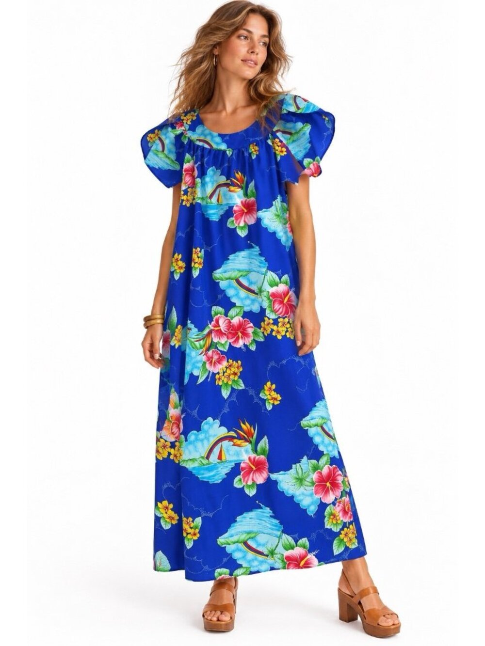 vintage 70s HILO HATTIE dress muumuu caftan blue maxi MEDIUM made in hawaii